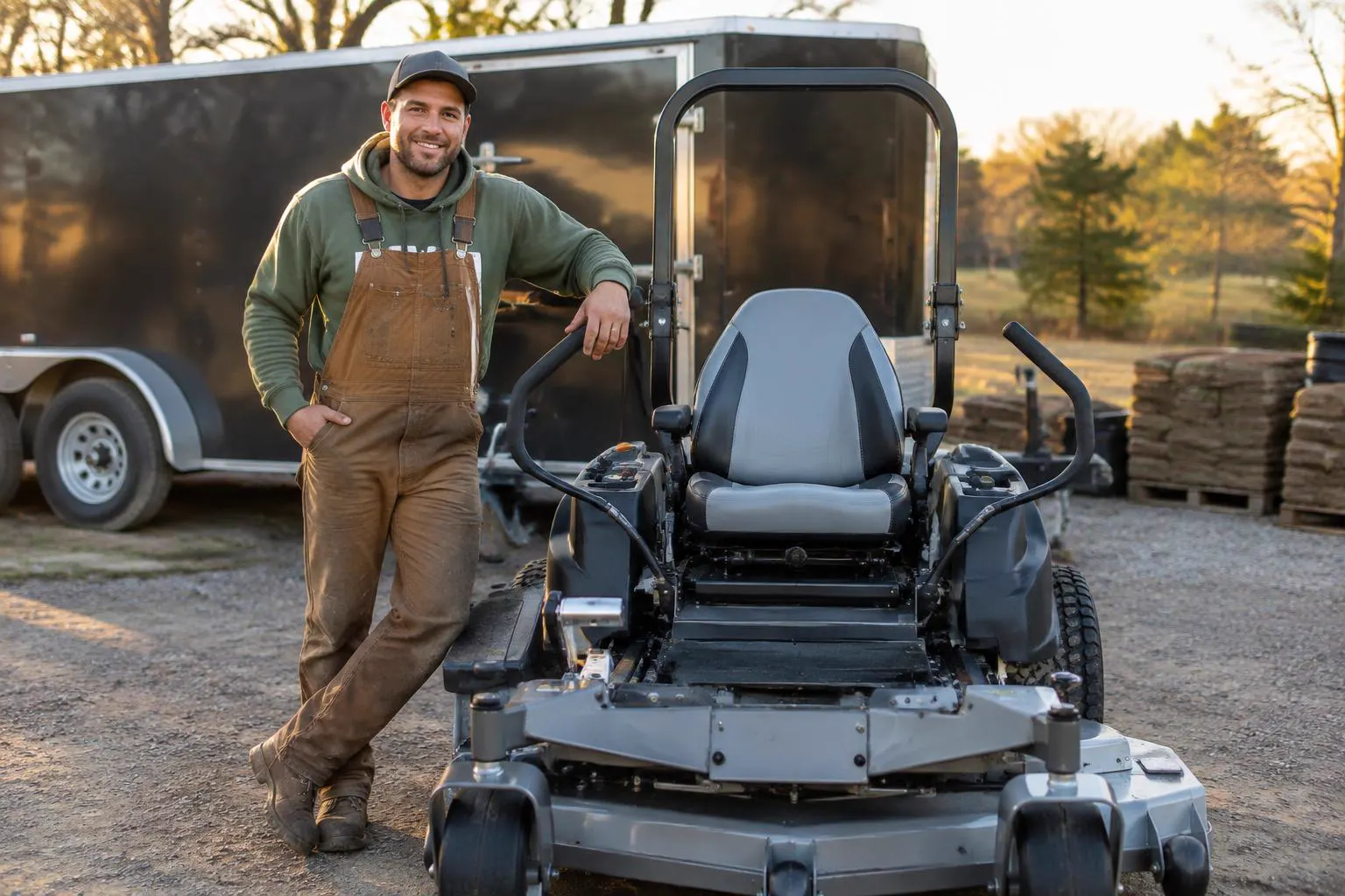 Smiling contractor leaning on a zero-turn mower in front of an enclosed trailer