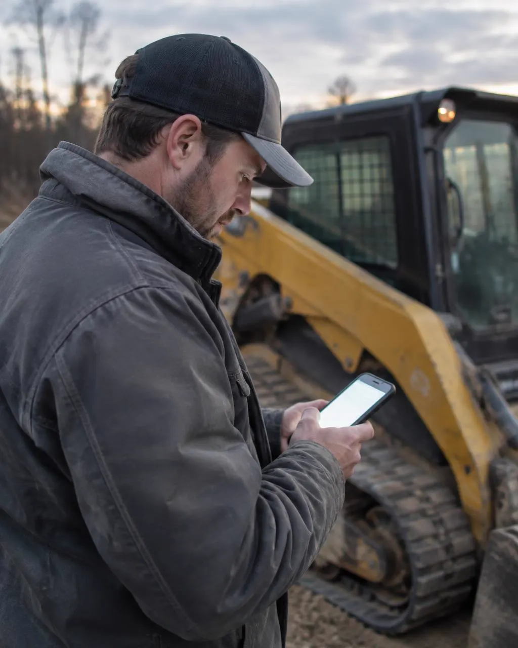 Contractor checking a smartphone beside a compact track loader