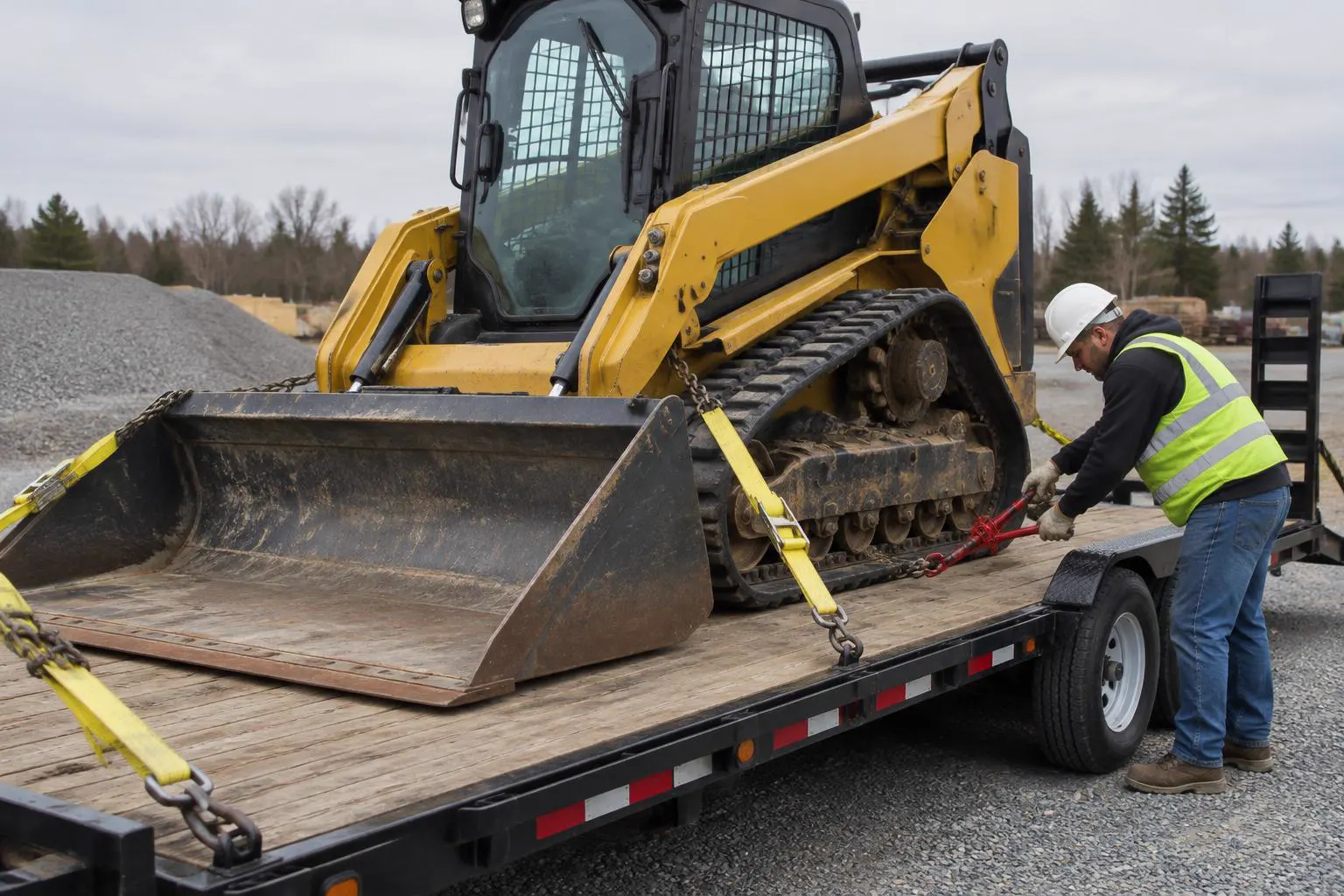 Worker tightening a chain binder on a track loader strapped to an equipment trailer