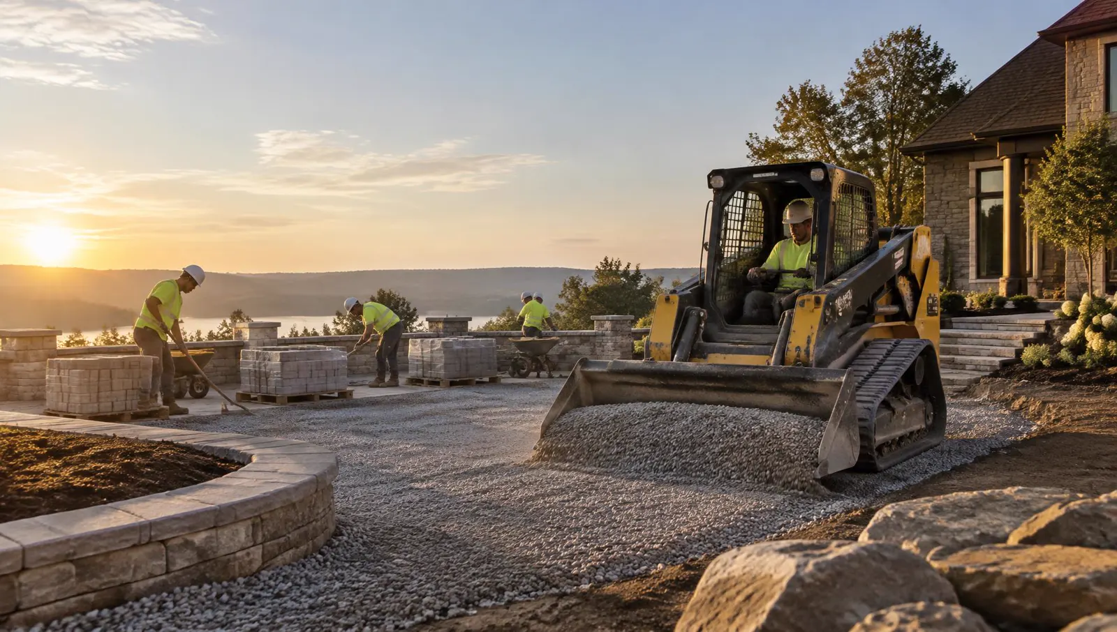 Compact track loader spreading crushed stone base for a backyard patio at sunrise while a crew stacks pavers