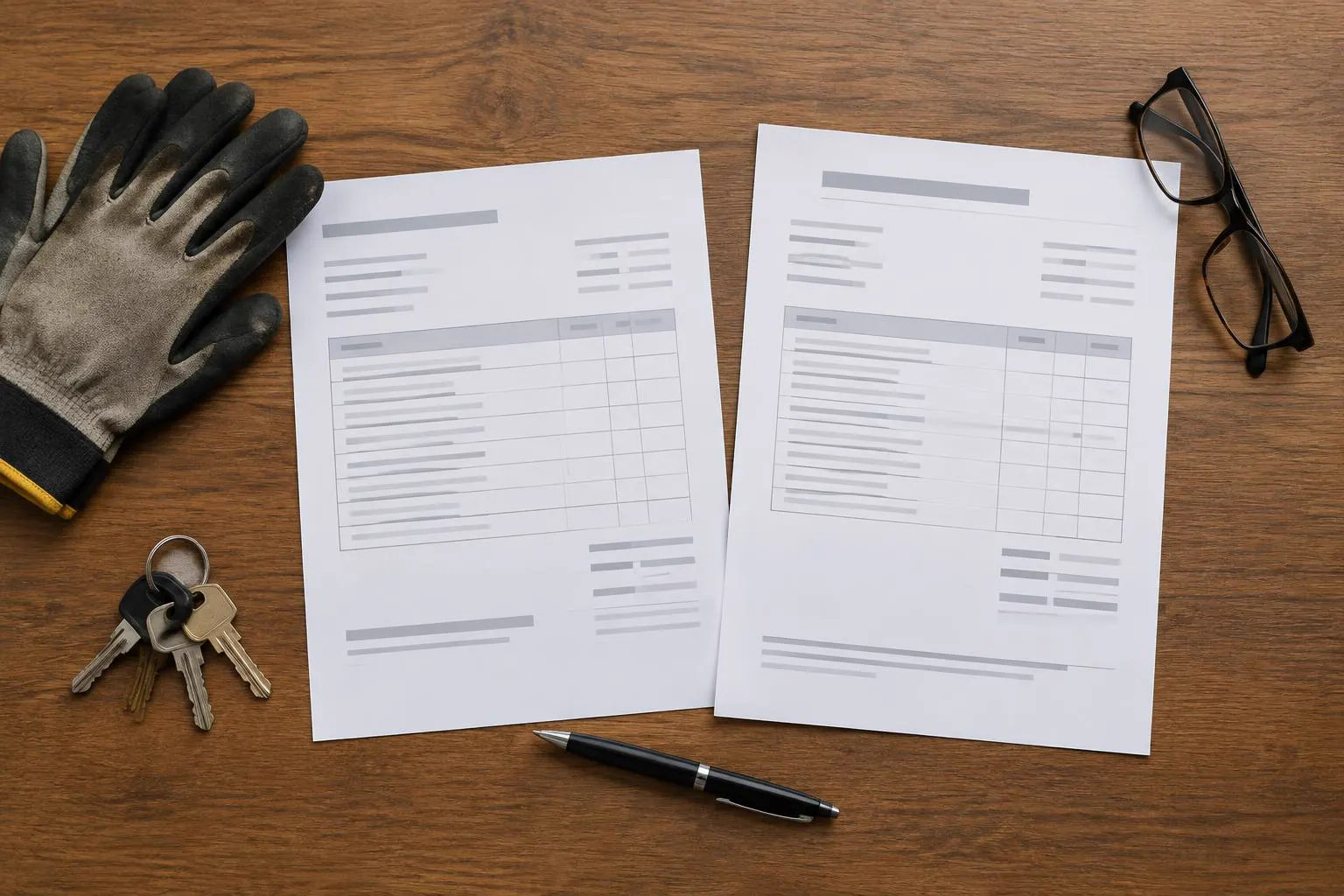 Blank equipment quote and invoice on a desk with work gloves, keys, and a pen