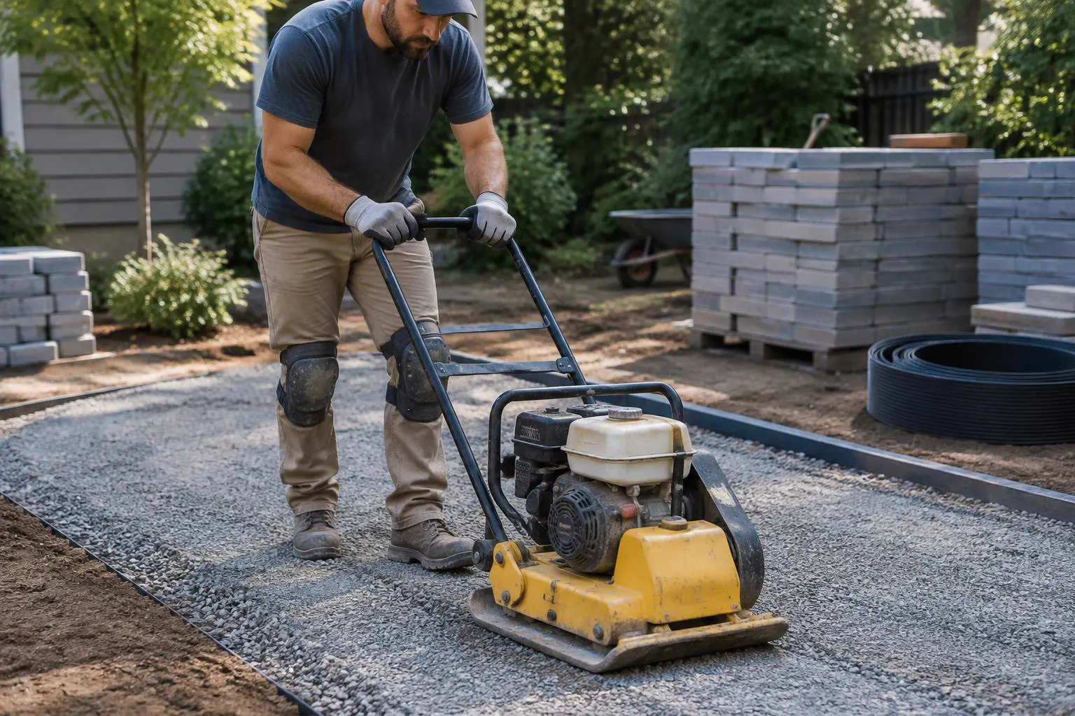 Hardscaper running a plate compactor over a gravel paver base