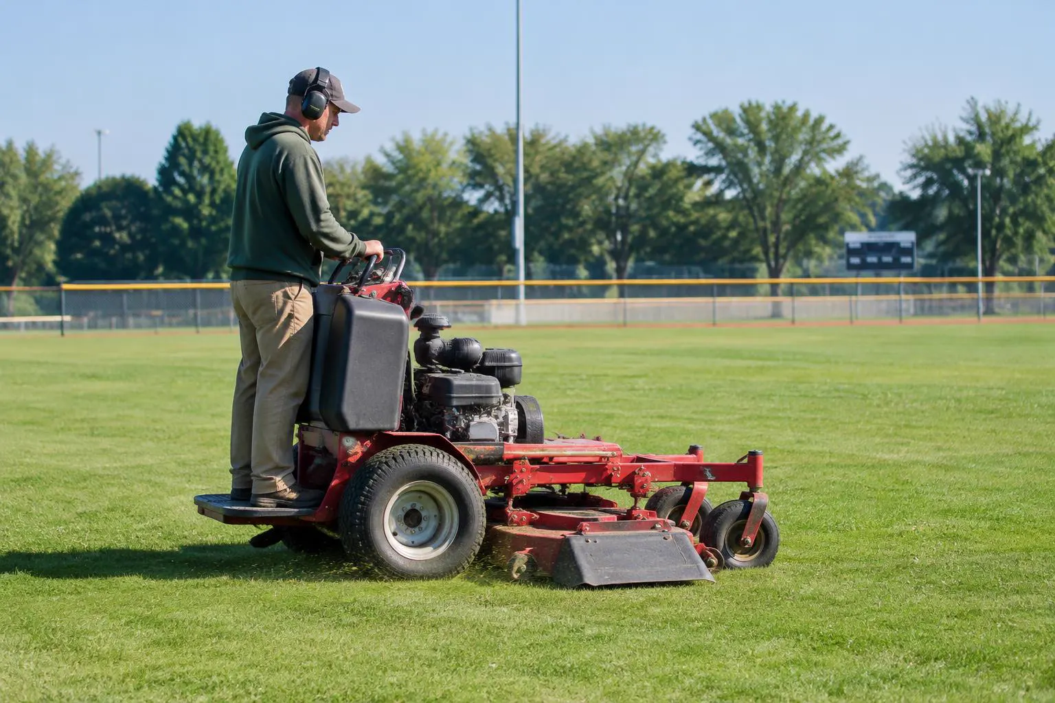 Landscaper running a stand-on mower across a ballfield