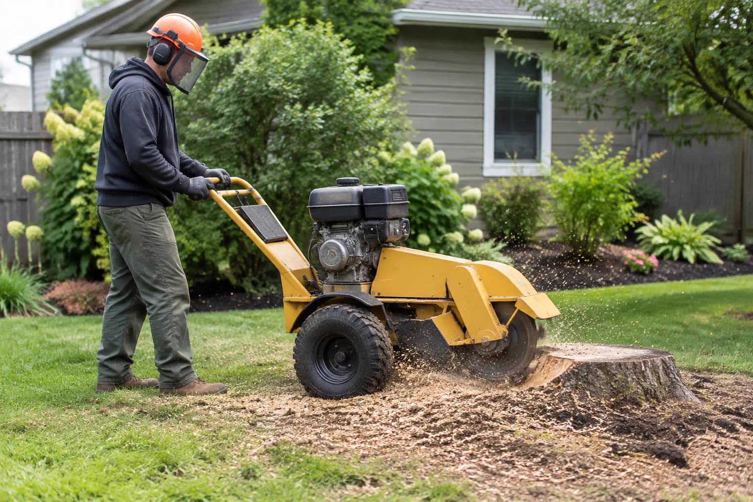Landscaper in helmet and face shield running a walk-behind stump grinder