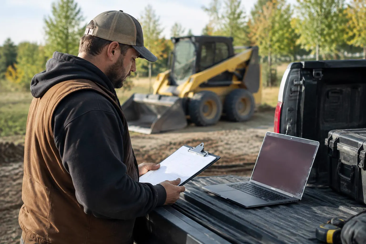 Contractor reviewing an equipment quote on a clipboard at a truck tailgate, laptop open, skid steer behind