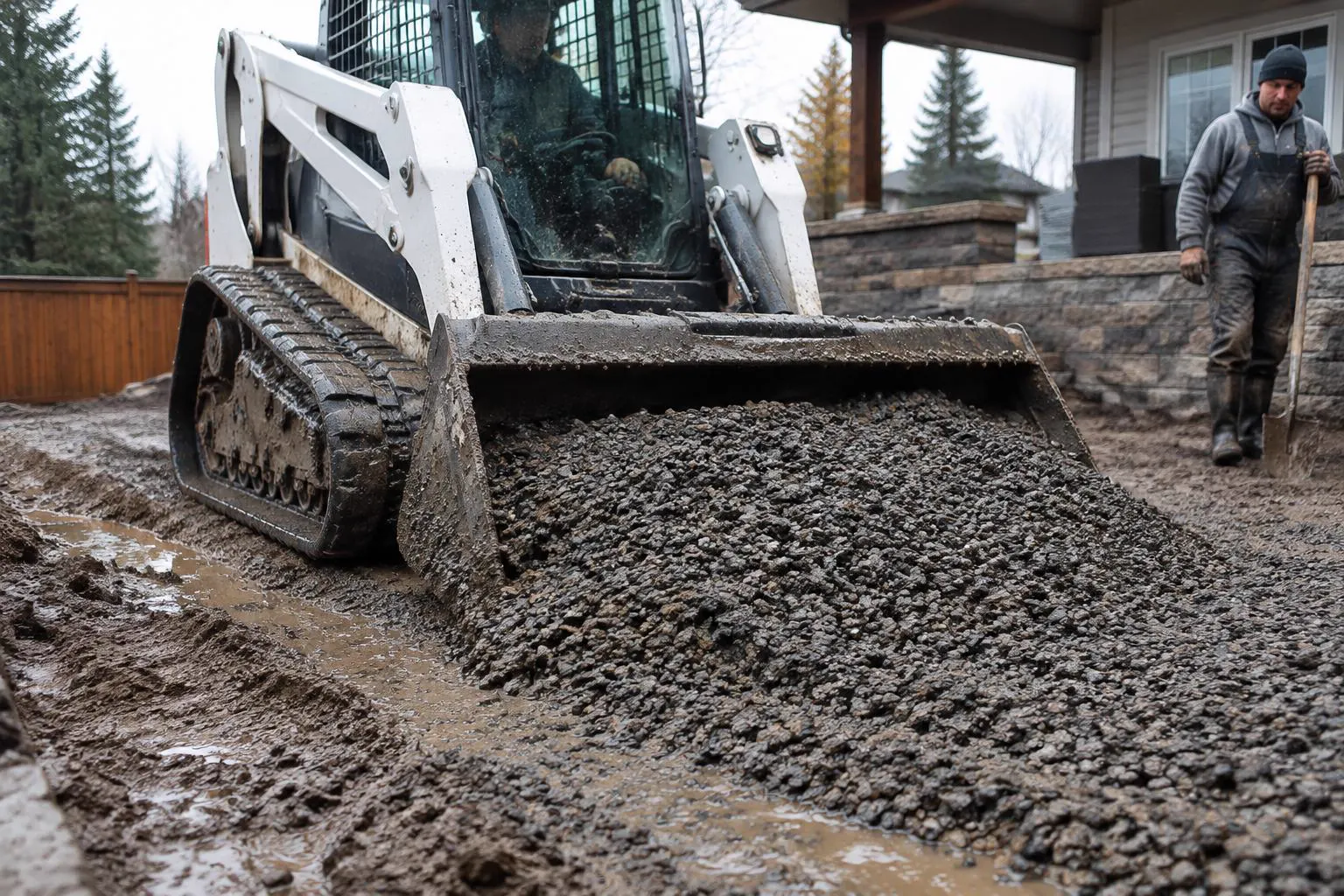 Compact track loader pushing wet gravel across a muddy patio excavation