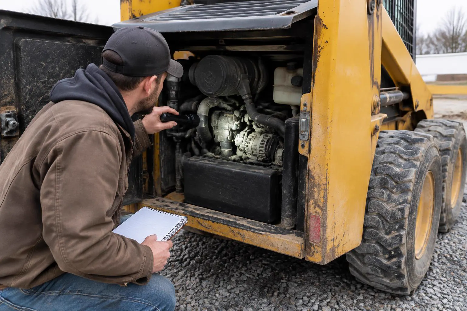 Buyer inspecting the engine bay of a used skid steer with a flashlight and notebook